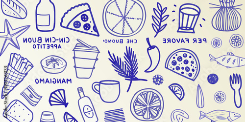 Hand drawn illustration of various food items and kitchen utensils