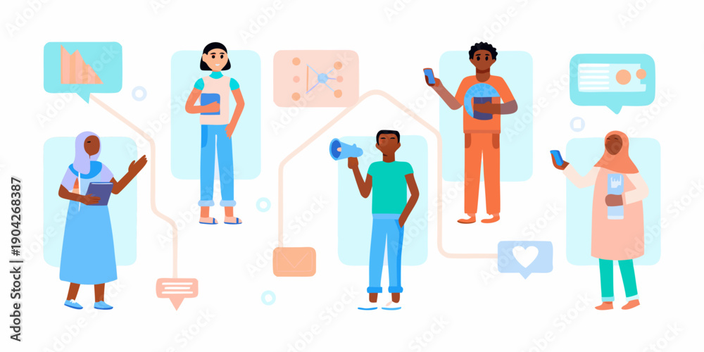 Fototapeta premium Diverse group of people connected by technology and communication icons