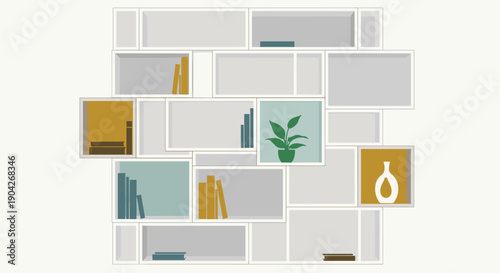 Modern Asymmetrical White Wall Shelving Unit with Decorative Books and Plants. Minimalist Modular Storage Cabinet for Contemporary Interior Home Decor and Styling.