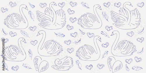 A delicate pattern of sketched swans hearts and feathers in blue