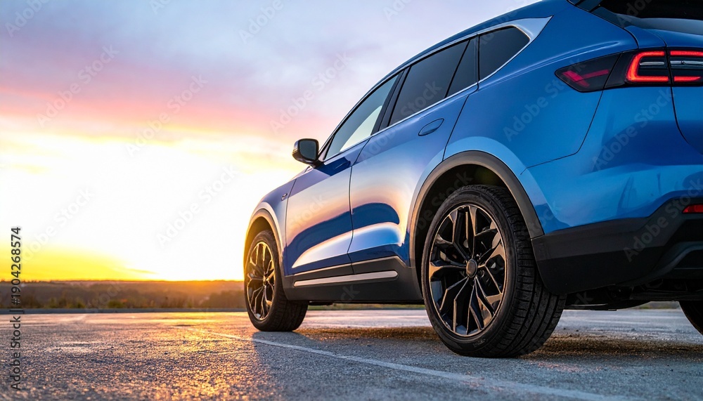 Naklejka premium Close-up of a sleek blue electric SUV rear wheel and taillight at sunset.