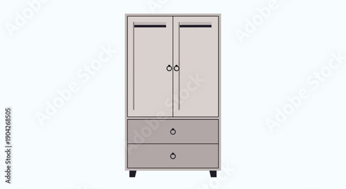 Closed White Wardrobe Cabinet with Two Doors and Two Bottom Drawers. Minimalist Bedroom Storage Unit for Clothing Organization and Contemporary Home Furniture.