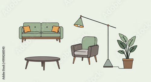 Modern living room furniture set with sofa armchair coffee table and lamp.