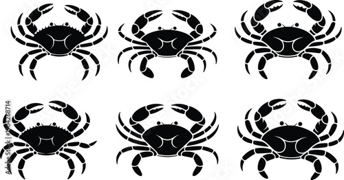 Black crab silhouette collection with multiple poses, clean flat vector marine animal icons for seafood branding, fishing industry graphics, ocean wildlife design and coastal illustration projects
