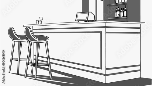 Modern bar counter with stools and wine bottles on shelves