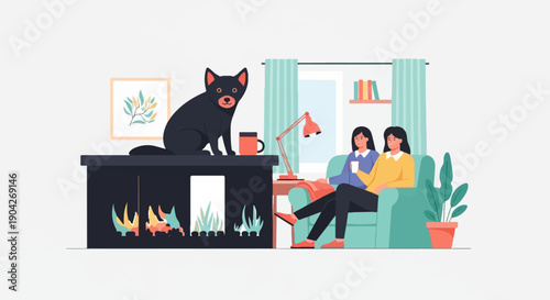 A black cat sits on a mantlepiece above a fireplace with two women sitting on a sofa