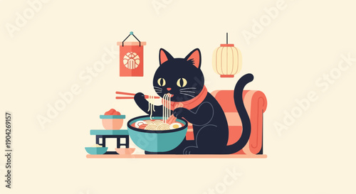 A black cat with a red scarf enjoys a bowl of ramen with chopsticks