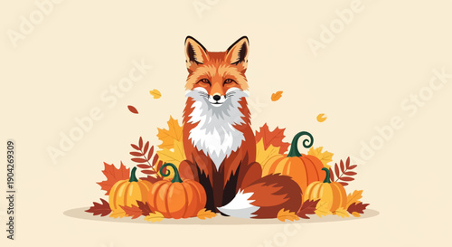 A cute fox sits among pumpkins and autumn leaves