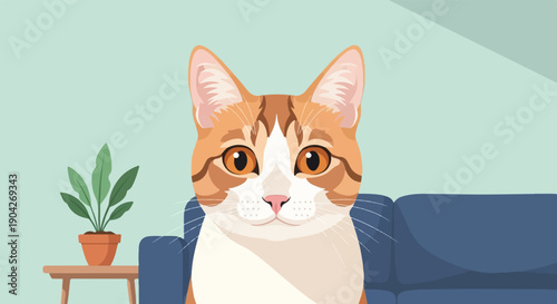 A cute ginger and white cat sits on a sofa with a potted plant nearby