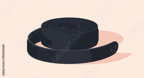 A black roll of fabric with a loose end, presented on a light pink background