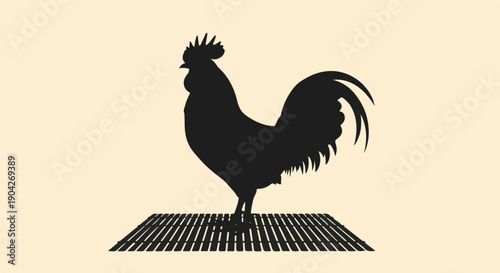 A black silhouette of a rooster stands proudly on a slatted surface