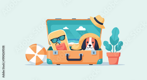 A dog peeks out from an open suitcase filled with beach gear