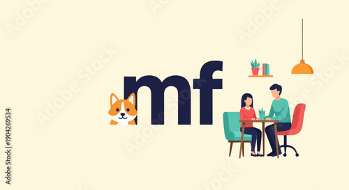 A dog peeks out near large letters, two people dine at a cafe table