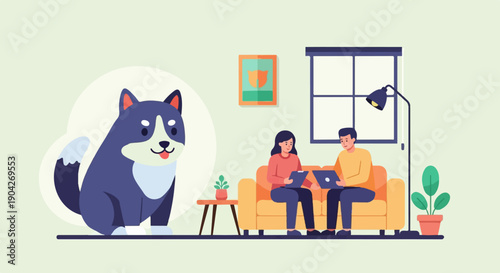 A blue and white dog sits next to a couple using laptops on a couch