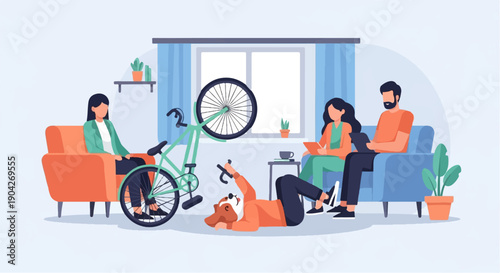 A dog playfully wrestles with a bicycle as people relax indoors
