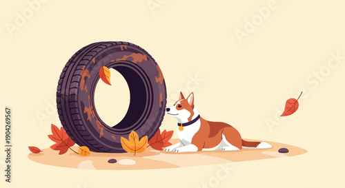 A dog rests near a tire and autumn leaves against a pale yellow background
