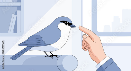 A blue bird perched on a perch, is curiously looking at a human finger