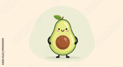 A cute, smiling avocado character with rosy cheeks and stick arms and legs