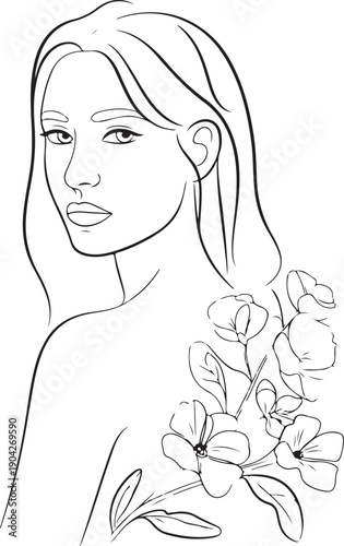 Woman face with flowers. Line art female hands with butterflies. One line vector drawing. Portrait minimalistic style. Botanical print. Nature symbol of cosmetics.