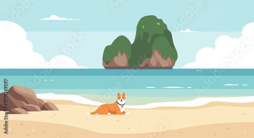 A dog rests on a sandy beach with a rocky island offshore and clouds in sky