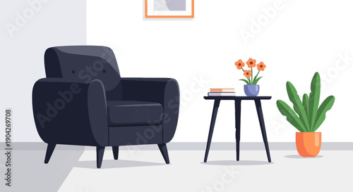 A dark armchair sits beside a small table with books and flowers