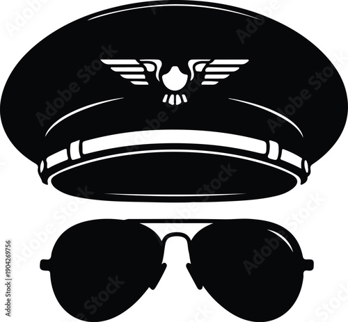 Classic pilot's hat and aviator sunglasses, professional uniform.