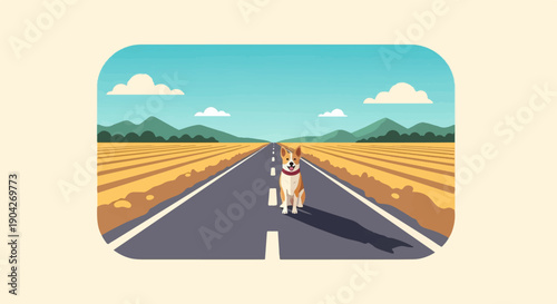 A dog sits happily on a straight asphalt road in a rural landscape
