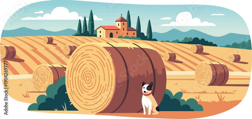 A dog sits in a golden field with hay bales and a distant farm