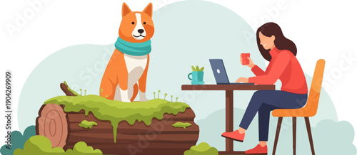 A dog sits on a mossy log while a person works on a laptop at a table