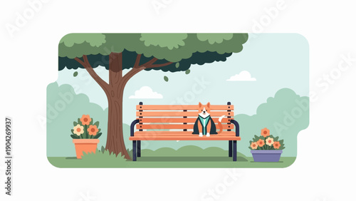 A dog sits on a park bench under a tree with flowers