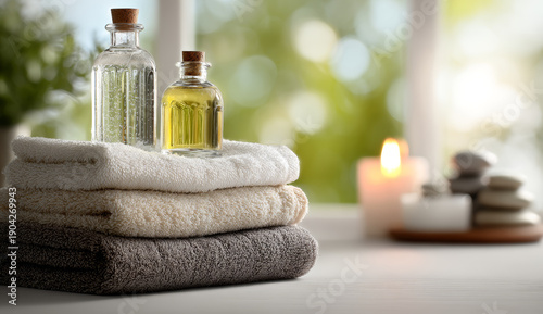 Stack of plush towels with glass bottles containing body wash in a serene spa setting