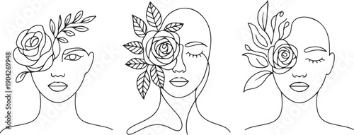Women's faces in one line art style with flowers and leaves.Continuous line art in elegant style for prints, tattoos, posters, textile, cards etc. Beautiful women face Vector illustration