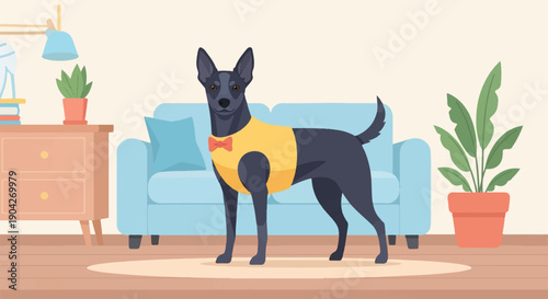 A dark-colored dog with a yellow vest and red bow tie stands on a rug