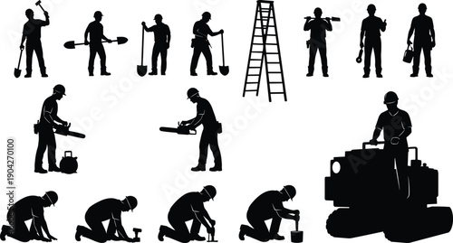 Large collection of construction worker silhouettes including builders using shovels chainsaws ladders and heavy machinery isolated on white for industrial design