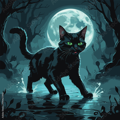 illustration of a black cat wandering around the house