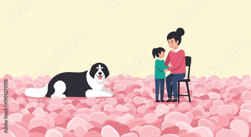 A child hugs their parent while a dog rests nearby on soft pink shapes