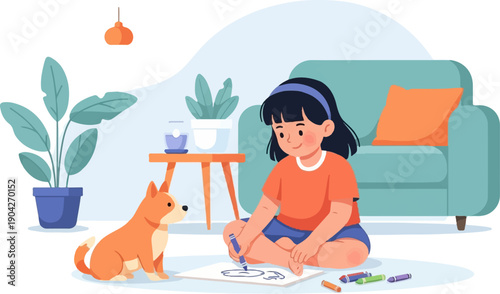 A child draws with her dog by her side in a cozy room
