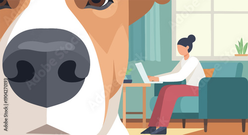 A dog's nose dominates the foreground, with a person working on a laptop in the background