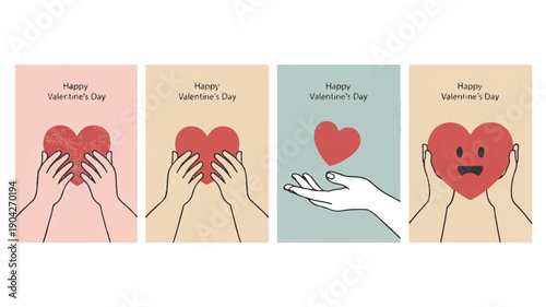 Valentine's Day greeting cards with heart-shaped graphics and various emotional expressions