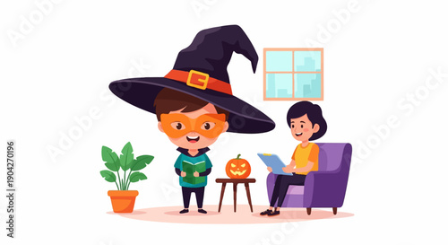 A child in a witch hat reads a book, with a pumpkin and person