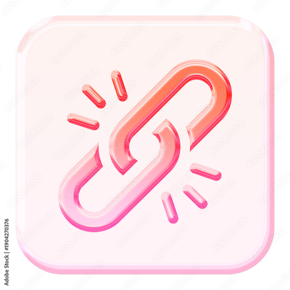 Obraz premium Glossy 3D link icon with jelly glassmorphism style - Y2K inspired connection and chain element in pink and orange
