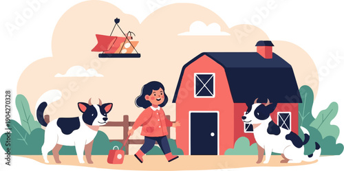 A child walks between two cows near a red barn under a cloudy sky