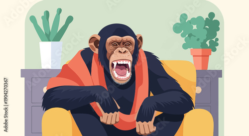 A chimpanzee with mouth wide open, draped in orange, sits on a yellow sofa