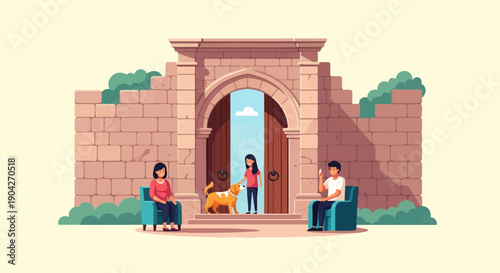 A family and their dog in front of a stone archway