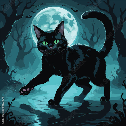 illustration of a black cat wandering around the house