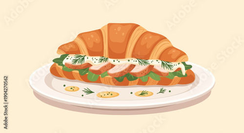 A delicious croissant sandwich with meat, greens, and sauce on a plate