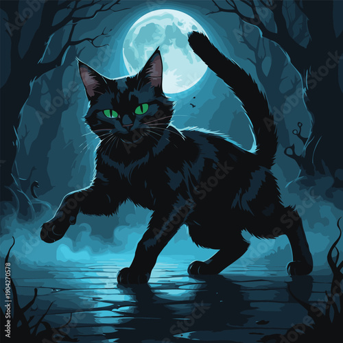 illustration of a black cat wandering around the house