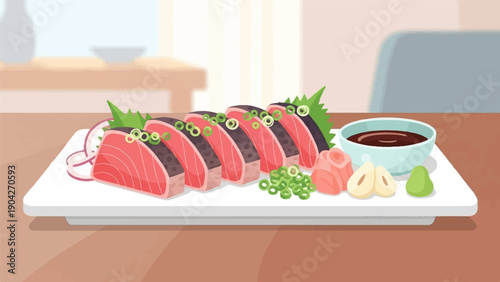A close up of a plate of sashimi, including tuna, ginger, wasabi, and soy sauce