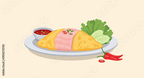 A delicious omelet dish served with sauce, vegetables, and chilies