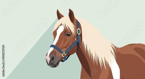 A close-up illustration of a chestnut horse with a blonde mane and blue halter